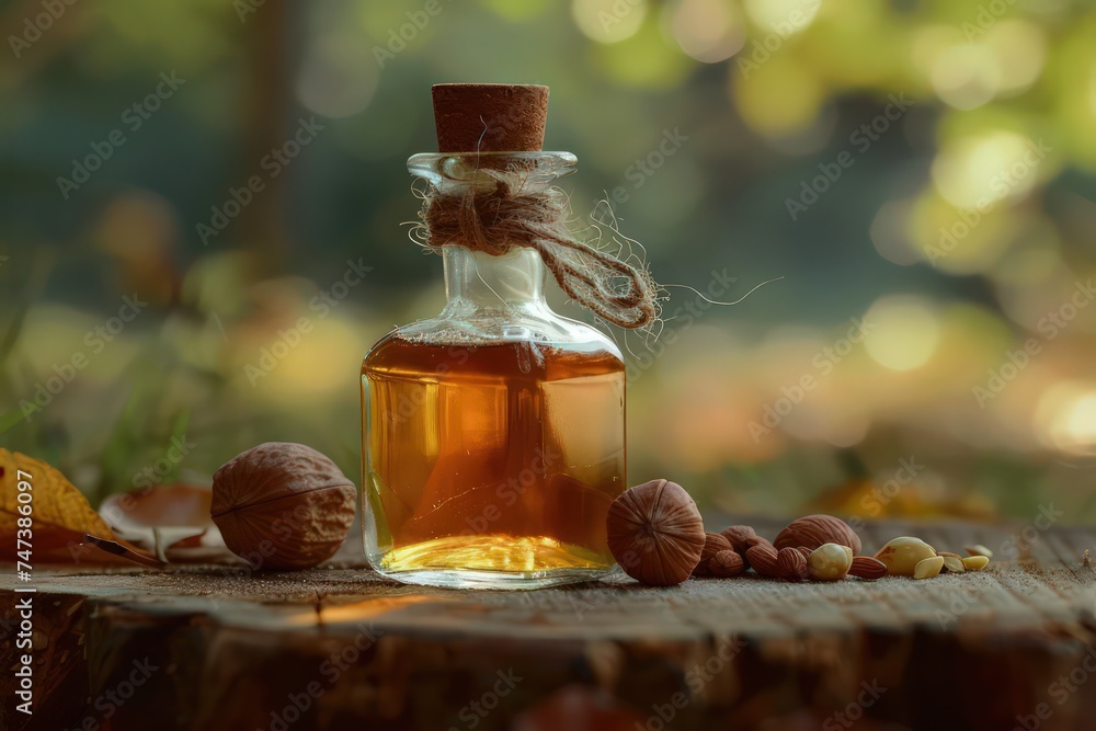 a glass bottle with hazelnut oil a glass bottle with hazelnut oil