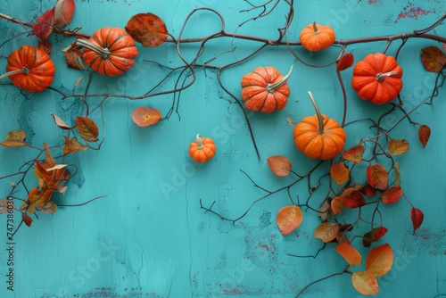 a colorful autumn arrangement of orange pumpkins, leaves and small branches on turquoise, in the style of minimalist backgrounds