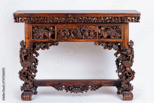 a console table with small drawer and large tabletop, in the style of intricate woodwork, white background
