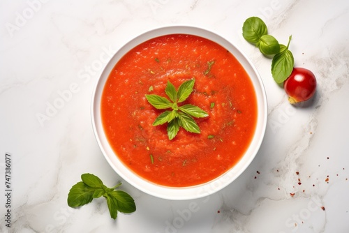 Tempting gazpacho on a marble slab against a white background
