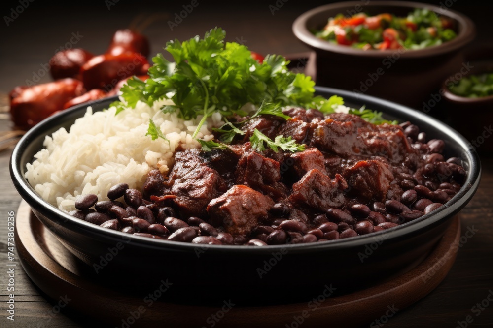 Tempting feijoada on a rustic plate against a white background Tempting feijoada on a rustic plate against a white background