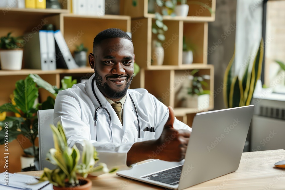 a man on a laptop is giving the thumbs up while addressing his doctor over a video chat from an office a man on a laptop is giving the thumbs up while addressing his doctor over a video chat from an office