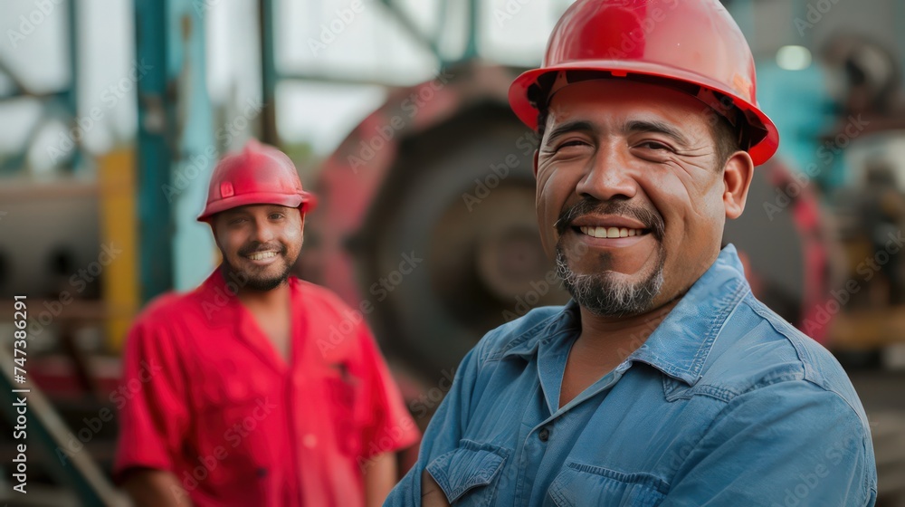 happy labor professionals, standing in front of a nice new factory in a country happy labor professionals, standing in front of a nice new factory in a country