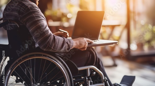a man in a wheelchair working on a laptop computer