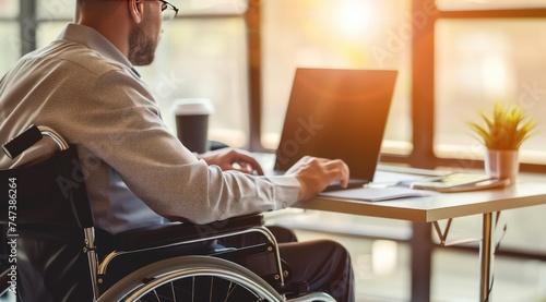 a man in a wheelchair working on a laptop computer © STOCKYE STUDIO