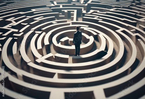 Businessman standing in middle of a maze looking for the right way out problems and solutions concep