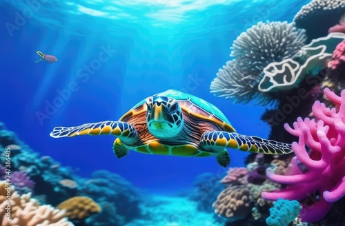sea turtle swims among corals and fish in sunlight, azure tropical sea, vacation, travel concept. © Natali9yarova