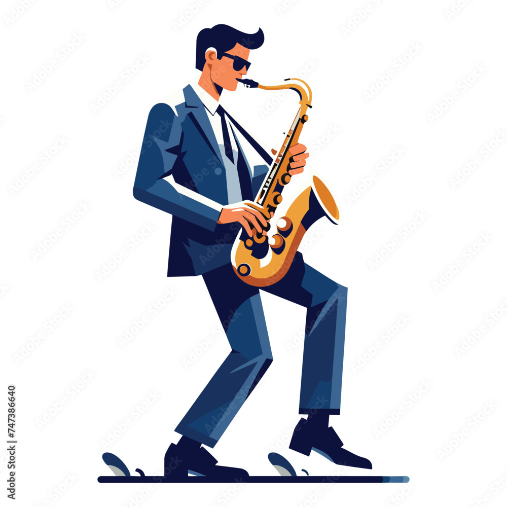 Naklejka premium Musician playing saxophone, music player performing solo, holding sax instrument in hands, man saxophonist, jazz and blues performance. Flat vector illustration isolated on white background