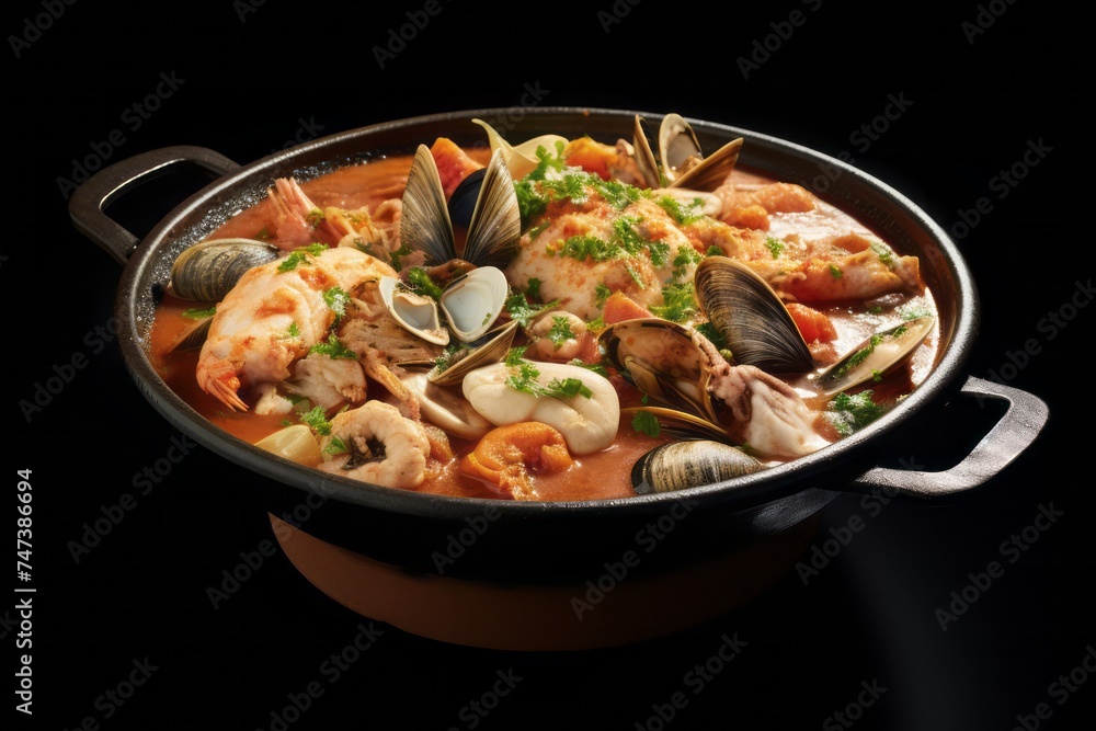 Delicious bouillabaisse in a clay dish against a white background