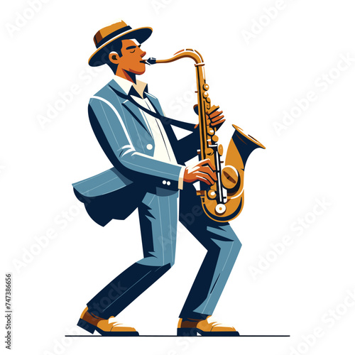 Musician playing saxophone, music player performing solo, holding sax instrument in hands, man saxophonist, jazz and blues performance. Flat vector illustration isolated on white background