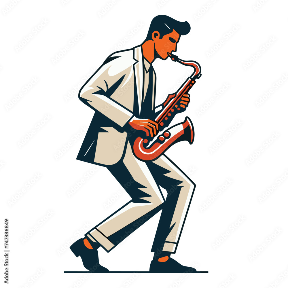 Musician playing saxophone, music player performing solo, holding sax instrument in hands, man saxophonist, jazz and blues performance. Flat vector illustration isolated on white background