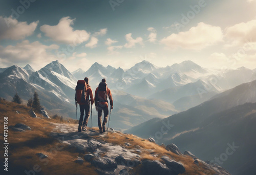 Epic mountain landscape with two hikers celebrating on top illustration © ArtisticLens