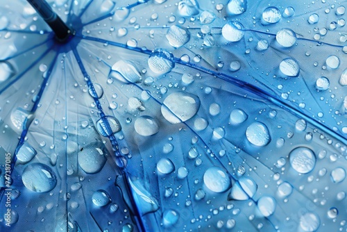 an umbrella with blue drops of water on it, in the style of bokeh panorama, light navy and gray