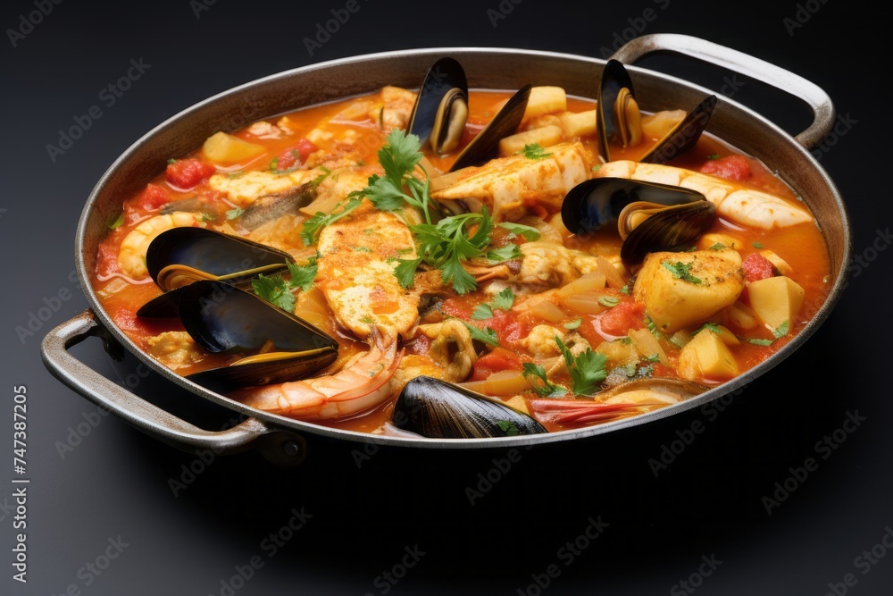 Juicy bouillabaisse on a plastic tray against a white background