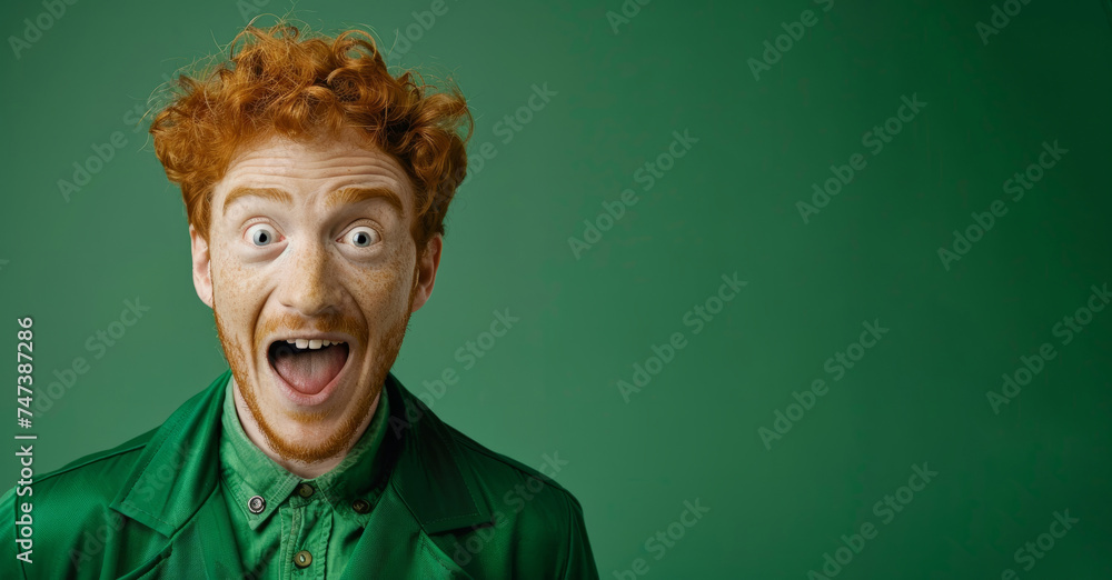 smiling red-haired man, dressed in green clothes on green background copy space. for a variety of projects. Banner in a green. The man looks at the camera with a surprised look. smiling red-haired man, dressed in green clothes on green background copy space. for a variety of projects. Banner in a green. The man looks at the camera with a surprised look.