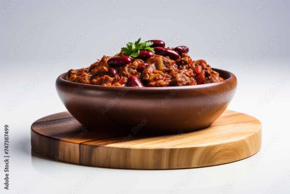 Hearty chili con carne on a wooden board against a white background Hearty chili con carne on a wooden board against a white background