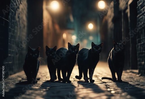 Gang of black cats walking on dark alley at night Illustration