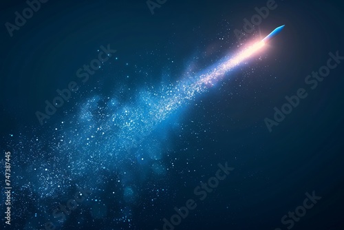 A rocket soaring upwards leaving a trail of digital blue particles against a minimalist background designed for copyspace on technological advancements photo