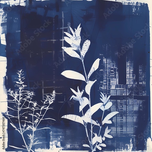 floral background of blue cyanotype silhouette plant