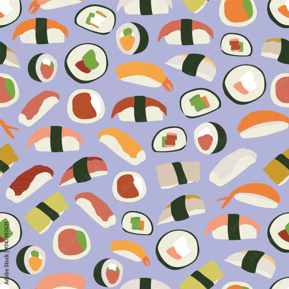 Repeat pattern with delicious hand drawn sushi and chopsticks 