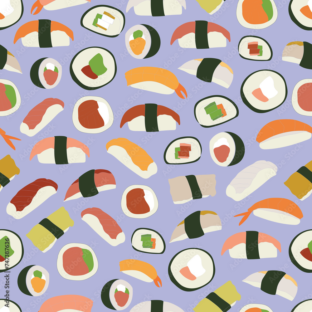 Repeat pattern with delicious hand drawn sushi and chopsticks 