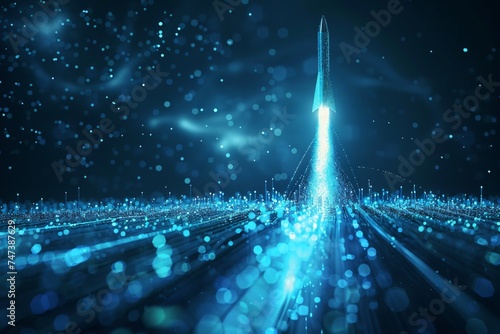 A rocket soaring upwards leaving a trail of digital blue particles against a minimalist background designed for copyspace on technological advancements