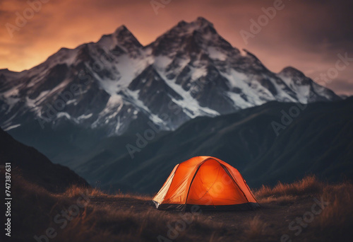 Glowing orange tent camping in the mountains in front of majestic mountain range © ArtisticLens