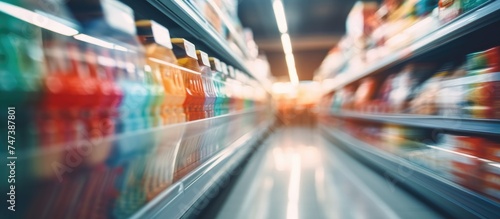 This image shows a grocery store aisle with shelves stocked with various food products. The photo is blurry, making it difficult to distinguish specific items on display.