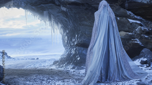 A dramatic and mystical ensemble featuring a hooded floorlength coat in shades of pale blue and soft lavender paired with a glittering silver dress and crystalembellished photo