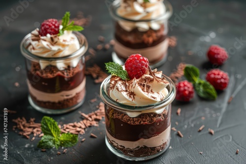 chocolate cheesecake trio in mini glass jars with cream and fresh mint on the table