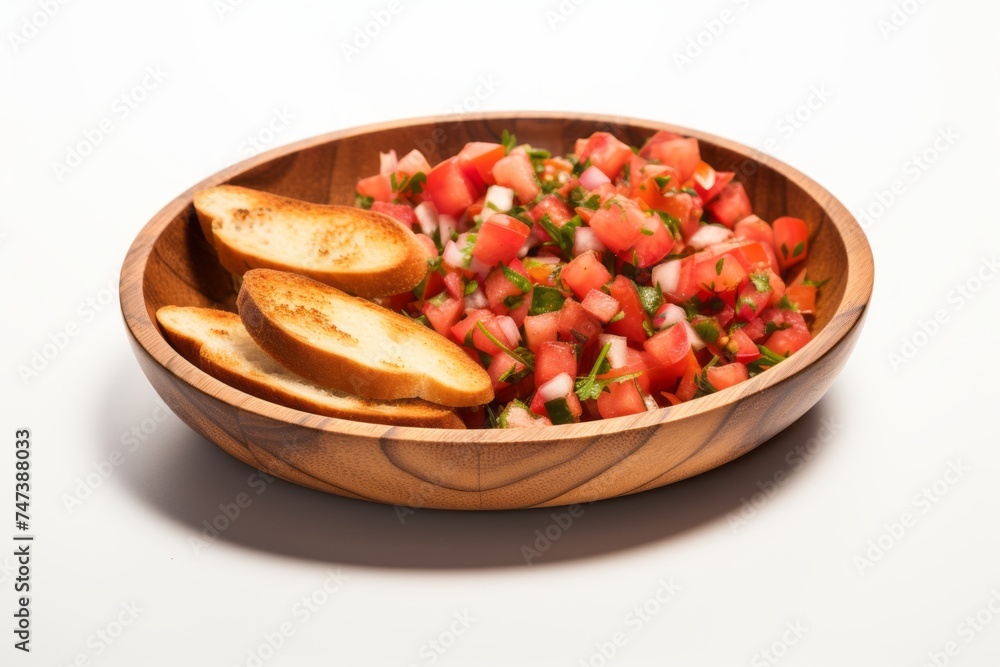 Delicious bruschetta in a clay dish against a white background Delicious bruschetta in a clay dish against a white background