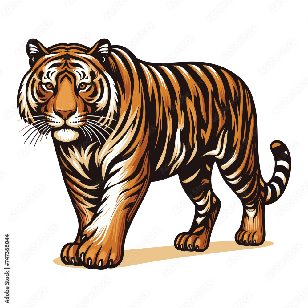 Obraz premium Wild tiger full body vector illustration, zoology illustration, animal predator big cat design template isolated on white background