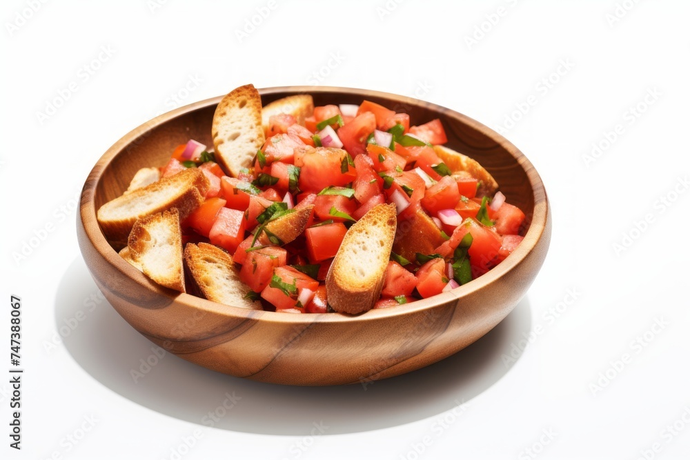 Delicious bruschetta in a clay dish against a white background