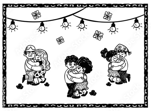 People dancing. Woodcut cordel elements.