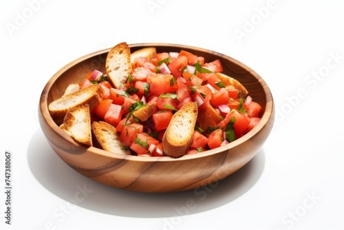 Delicious bruschetta in a clay dish against a white background