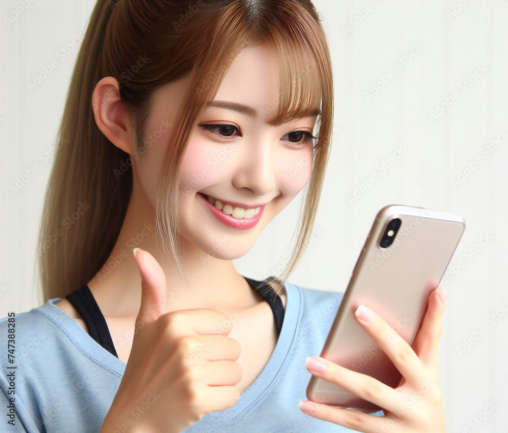 SNSを見て「いいね」のポーズをする美少女
