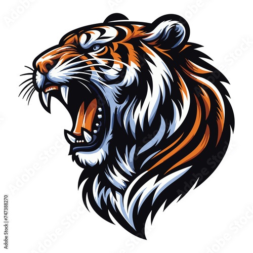 Wild roaring tiger head face vector illustration  zoology illustration  animal predator big cat design template isolated on white background