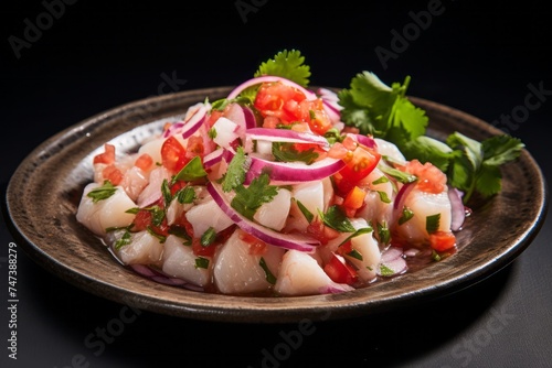 Delicious ceviche on a rustic plate against a white background