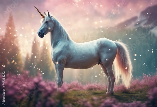 Majestic unicorn standing in fairytale landscape illustration