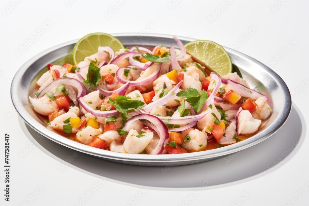 Juicy ceviche on a metal tray against a white background