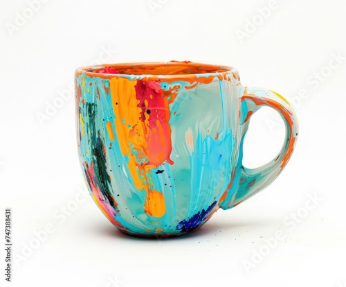 coffee cup on white background, in the style of hand paint colorized ceramic