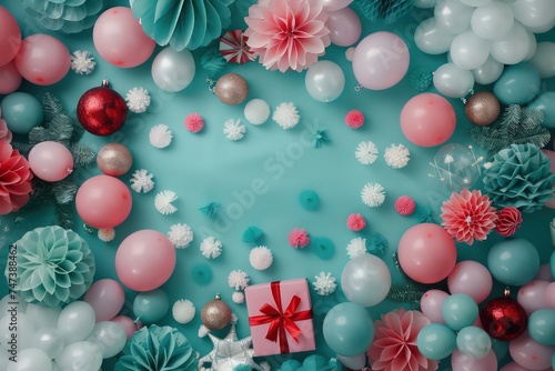 colorful party background with balloons, pompoms, presents, and decorations, in the style of light teal and light gray