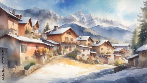 Charming mountain village watercolor photo