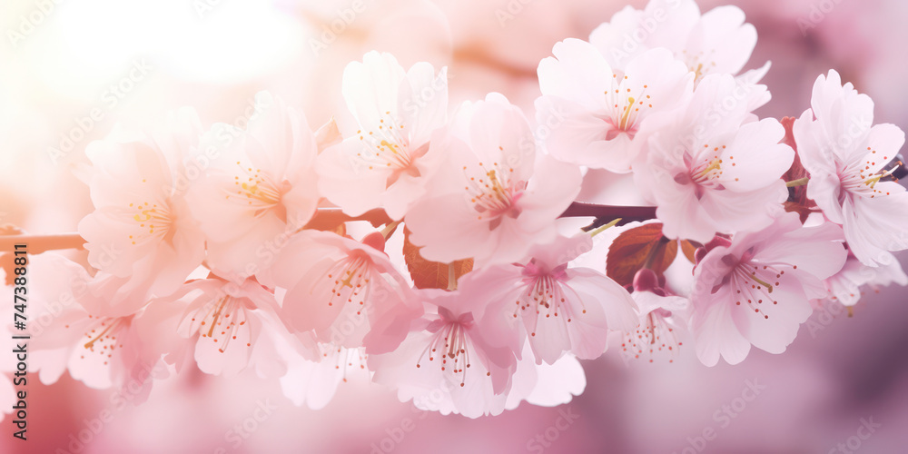 Blossoming Beauty: Delicate Pink Sakura Flowers in Full Bloom, Creating a Serene Springtime Oasis under a Bright Sunny Sky Blossoming Beauty: Delicate Pink Sakura Flowers in Full Bloom, Creating a Serene Springtime Oasis under a Bright Sunny Sky