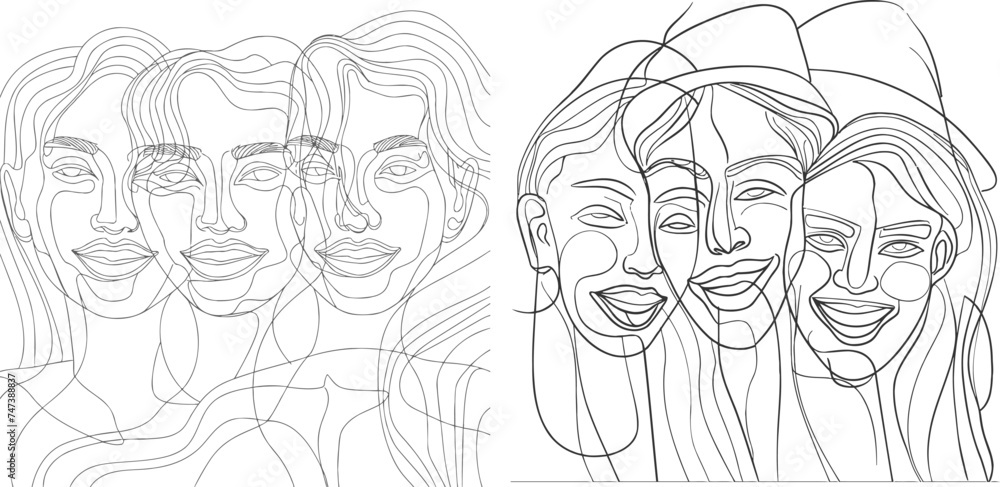 continuous line drawing of happy cheerful friends