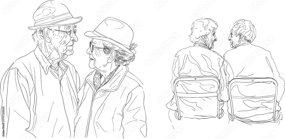 Elderly couple in continuous line art drawing style
