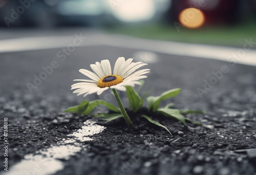 Prevailing against all odds concept with Daisy flower growing from crack in the asphalt Illustration