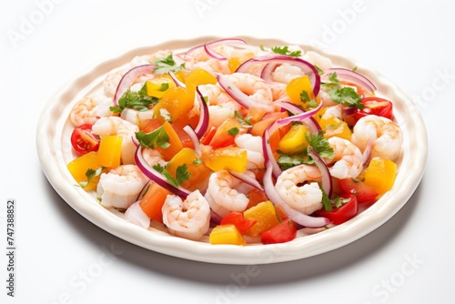 Juicy ceviche on a plastic tray against a white background