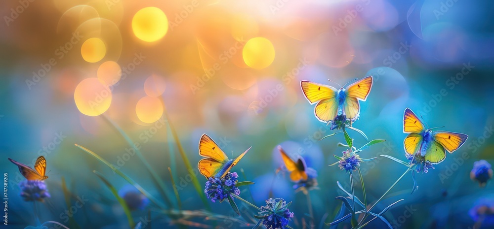 yellow and blue butterflies on the flower and bokeh, in the style of lens flares