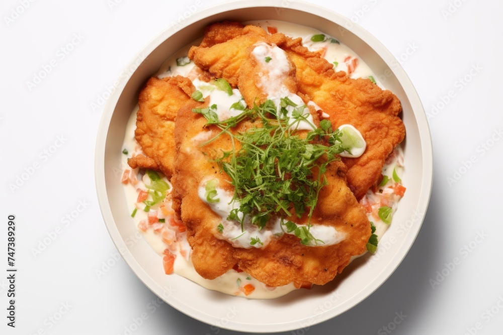Delicious schnitzel in a clay dish against a white background Delicious schnitzel in a clay dish against a white background